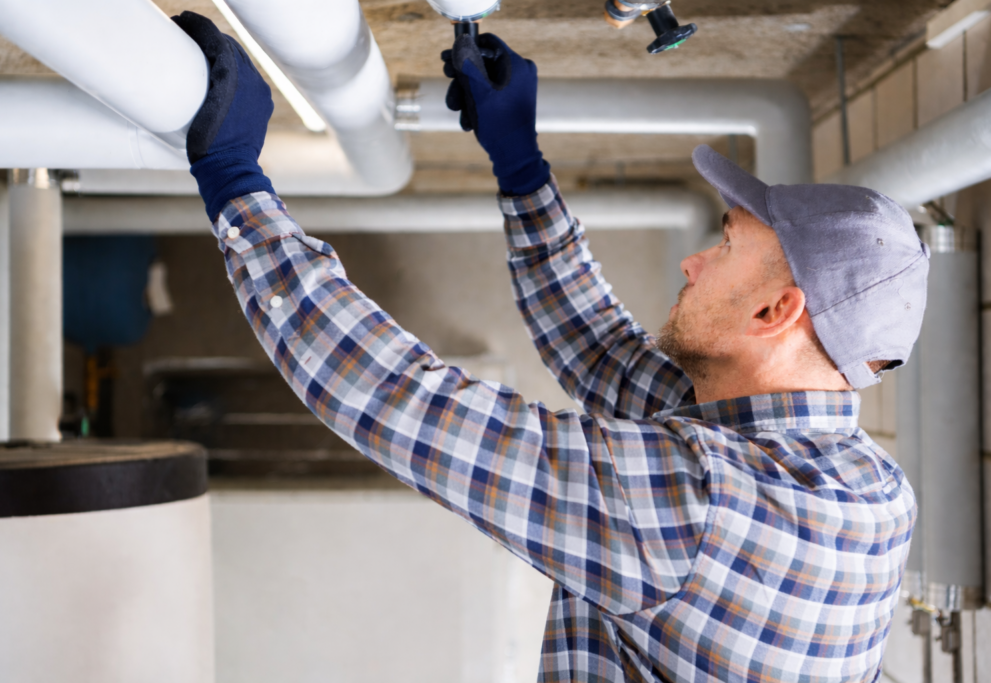 Plumber inspecting basement pipes for spring plumbing problems in Northeast Ohio