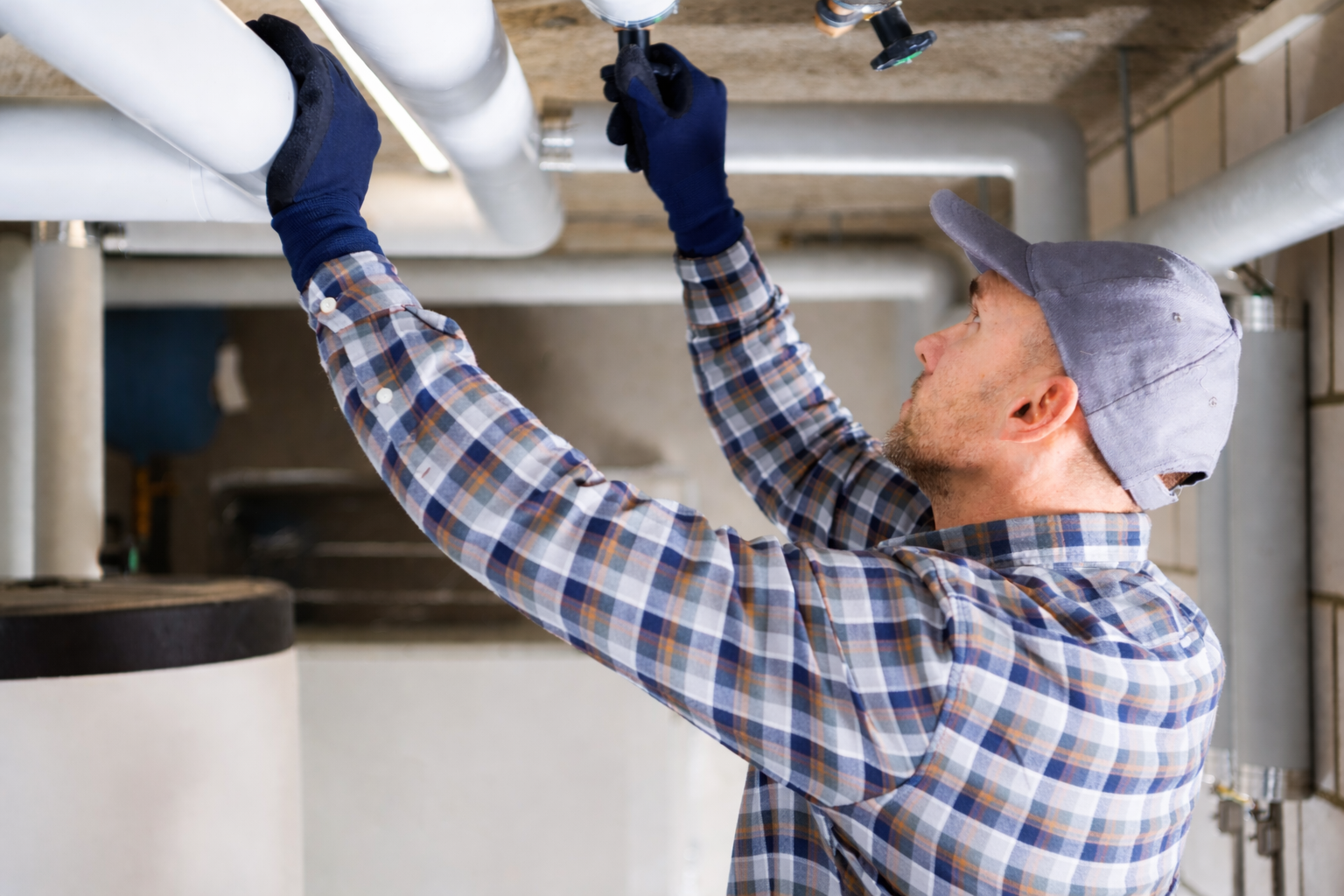 Plumber inspecting basement pipes for spring plumbing problems in Northeast Ohio